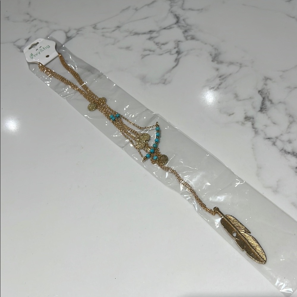 Ivy & Fig Gold Feather Necklace with Turquoise Beads